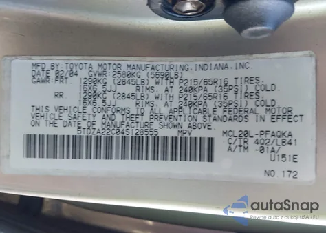 2004 Toyota Sienna Xle/Xle Limited from USA, damaged, VIN 5TDZA22C04S128555